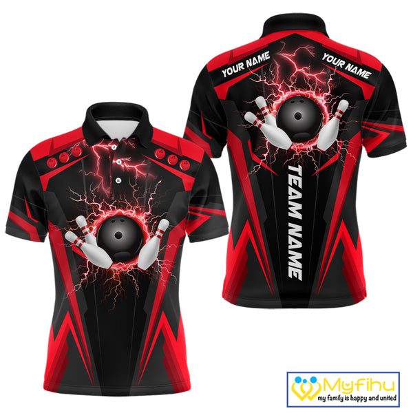 Black Mens bowling Polo, Quarter Zip shirt Custom lightning thunder team league bowling jerseys | Red NQS10373