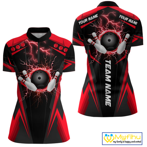 Black Women bowling Polo, Quarter Zip shirt Custom lightning thunder team league bowling jersey | Red NQS10373