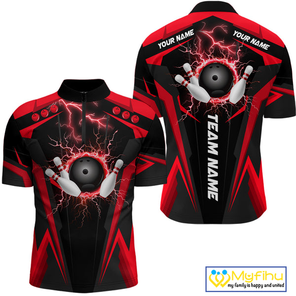 Black Mens bowling Polo, Quarter Zip shirt Custom lightning thunder team league bowling jerseys | Red NQS10373