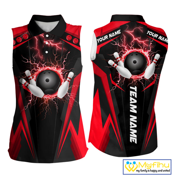 Black Women bowling Sleeveless Polo shirt Custom lightning thunder team league bowling jersey | Red NQS10373