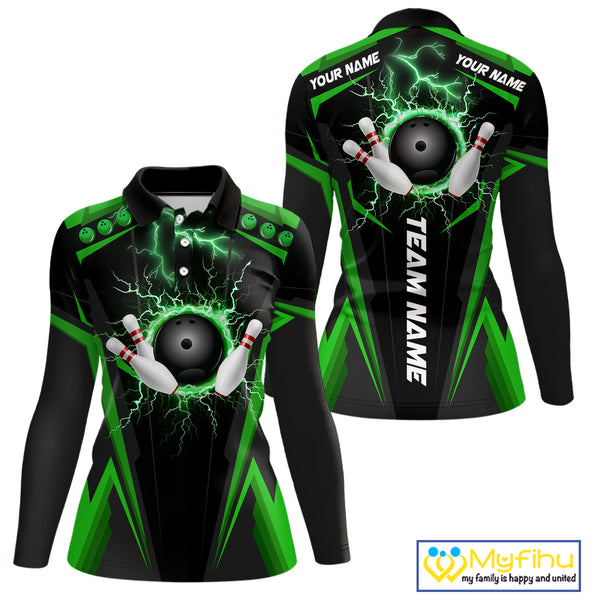 Black Women bowling Polo, 1/4 Zip shirt Custom lightning thunder team league bowling jersey | Green NQS10374