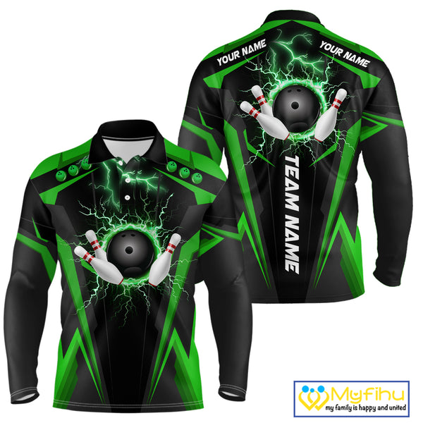 Black Men bowling Polo, Quarter Zip shirt Custom lightning thunder team league bowling jersey | Green NQS10374
