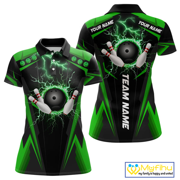 Black Women bowling Polo, 1/4 Zip shirt Custom lightning thunder team league bowling jersey | Green NQS10374