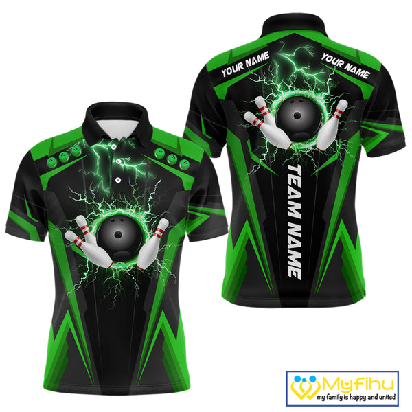 Black Men bowling Polo, Quarter Zip shirt Custom lightning thunder team league bowling jersey | Green NQS10374