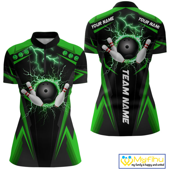 Black Women bowling Polo, 1/4 Zip shirt Custom lightning thunder team league bowling jersey | Green NQS10374
