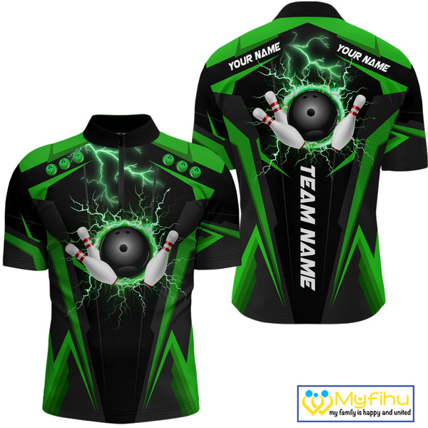 Black Men bowling Polo, Quarter Zip shirt Custom lightning thunder team league bowling jersey | Green NQS10374
