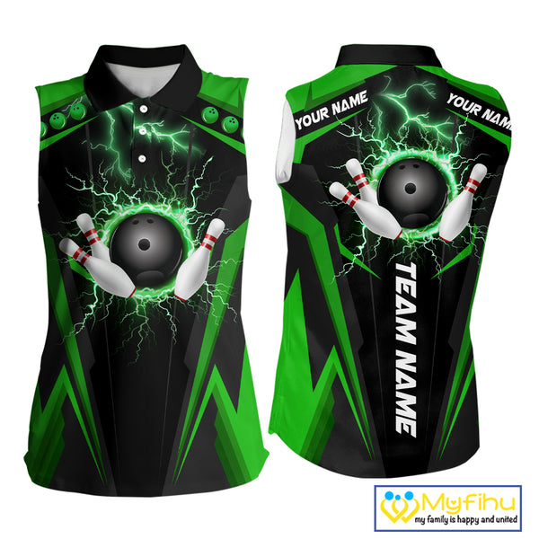 Black Women bowling Sleeveless Polo shirt Custom lightning thunder team league bowling jersey | Green NQS10374