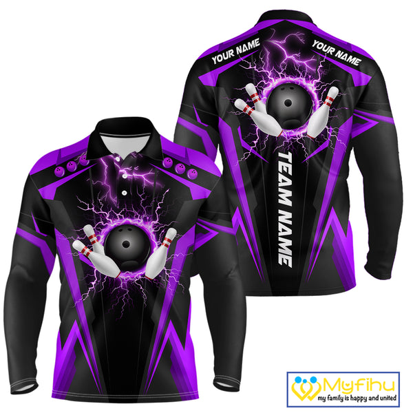 Black Men bowling Polo, 1/4 Zip shirt Custom lightning thunder team league bowling jersey | Purple NQS10375