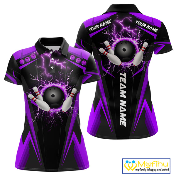 Black Women bowling Polo, 1/4 Zip shirt Custom lightning thunder team league bowling jersey | Purple NQS10375