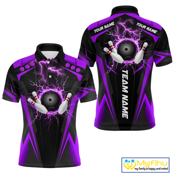 Black Men bowling Polo, 1/4 Zip shirt Custom lightning thunder team league bowling jersey | Purple NQS10375
