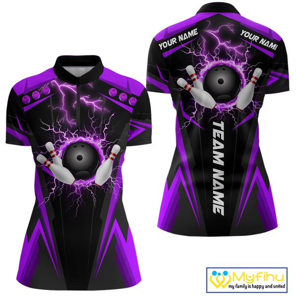 Black Women bowling Polo, 1/4 Zip shirt Custom lightning thunder team league bowling jersey | Purple NQS10375