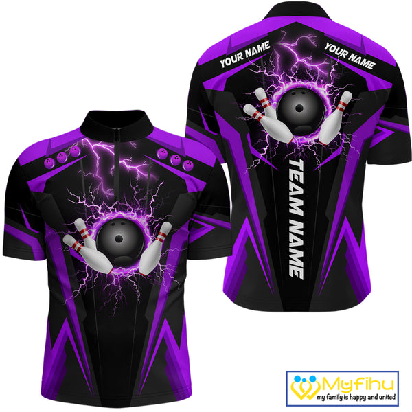 Black Men bowling Polo, 1/4 Zip shirt Custom lightning thunder team league bowling jersey | Purple NQS10375