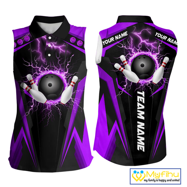 Black Women bowling Sleeveless Polo shirt Custom lightning thunder team league bowling jersey| Purple NQS10375