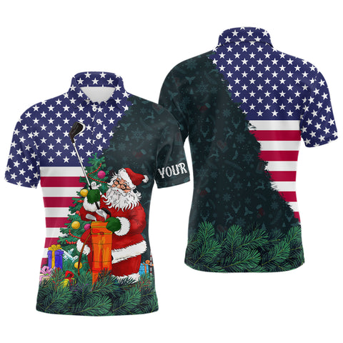 American flag Christmas Santa golf pattern custom Mens golf polo shirts, Xmas golf outfits men NQS6779