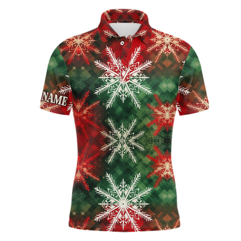 Mens golf polo shirt custom Christmas snowflake plaid pattern, Xmas gift for golf lovers NQS6782