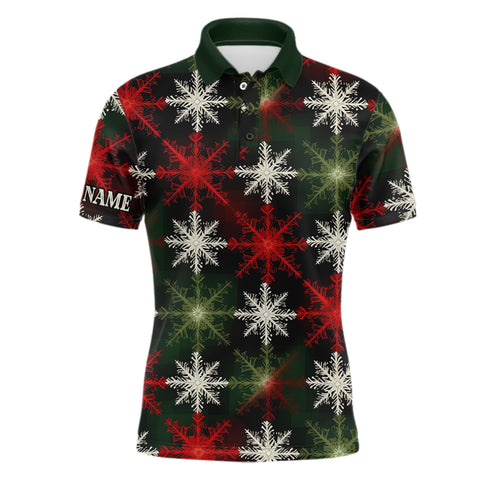 Mens golf polo shirt custom red green Christmas snowflake pattern, mens christmas golf shirts NQS6783