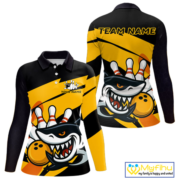 Black and yellow shark Women Bowling polo, quarter zip shirt custom Shark Bowling team league shirt NQS10393