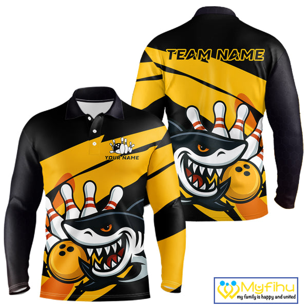 Black and yellow shark Bowling polo, quarter zip shirt for men custom Shark Bowling team league shirt NQS10393