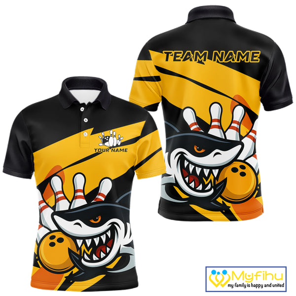 Black and yellow shark Bowling polo, quarter zip shirt for men custom Shark Bowling team league shirt NQS10393
