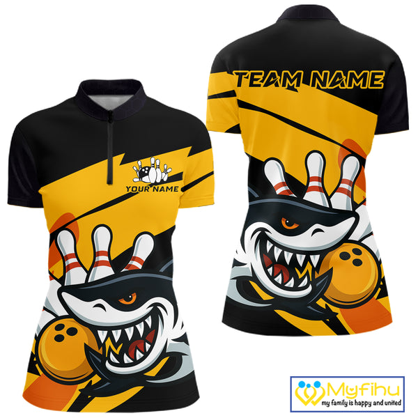 Black and yellow shark Women Bowling polo, quarter zip shirt custom Shark Bowling team league shirt NQS10393
