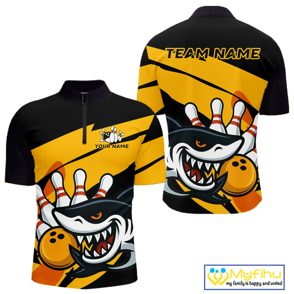 Black and yellow shark Bowling polo, quarter zip shirt for men custom Shark Bowling team league shirt NQS10393