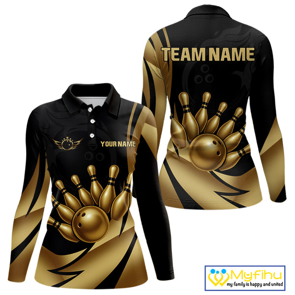 Black and Gold Women Bowling Polo, Quarter Zip Shirts Custom Team Bowling League Jersey NQS10079