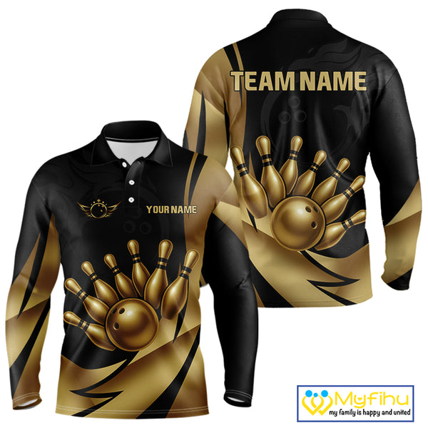 Black and Gold Mens Bowling Polo, Quarter Zip Shirts Custom Team Bowling League Jersey NQS10079