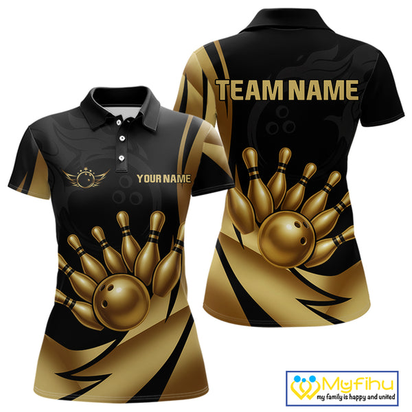 Black and Gold Women Bowling Polo, Quarter Zip Shirts Custom Team Bowling League Jersey NQS10079