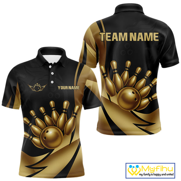 Black and Gold Mens Bowling Polo, Quarter Zip Shirts Custom Team Bowling League Jersey NQS10079