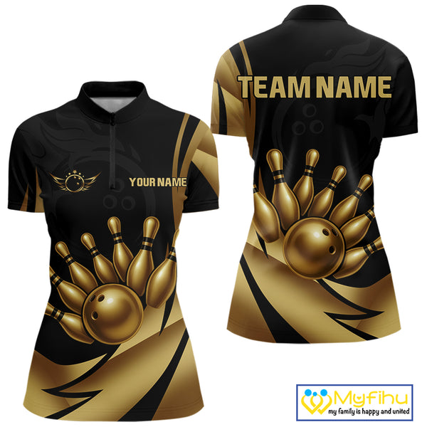 Black and Gold Women Bowling Polo, Quarter Zip Shirts Custom Team Bowling League Jersey NQS10079