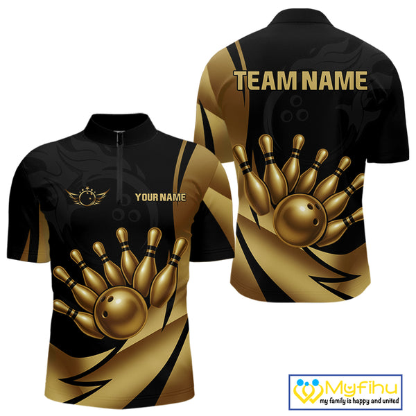 Black and Gold Mens Bowling Polo, Quarter Zip Shirts Custom Team Bowling League Jersey NQS10079