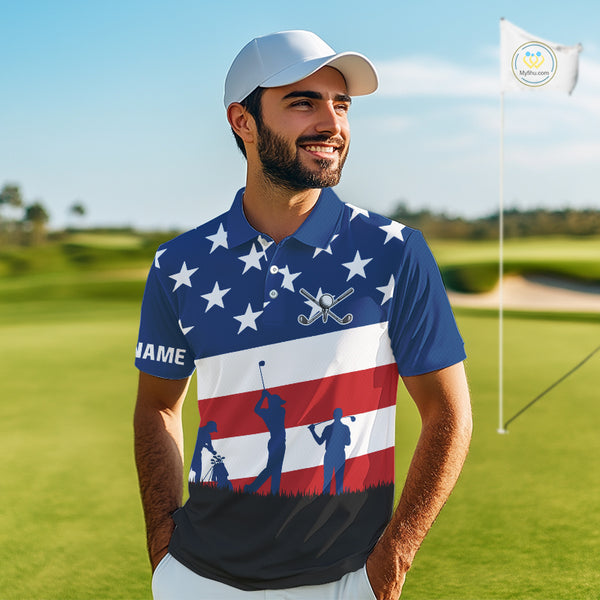 American Flag golf polo shirts for men Custom Red, White and Blue Patriotic mens golf attire NQS10230