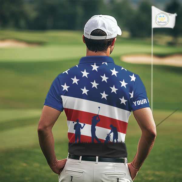 American Flag golf polo shirts for men Custom Red, White and Blue Patriotic mens golf attire NQS10230