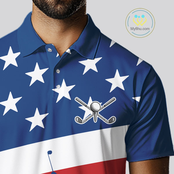 American Flag golf polo shirts for men Custom Red, White and Blue Patriotic mens golf attire NQS10230