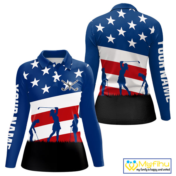 American Flag golf polo shirts for Women Custom Red, White and Blue Patriotic ladies golf attire NQS10230
