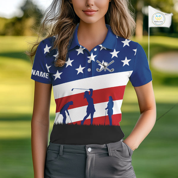 American Flag golf polo shirts for Women Custom Red, White and Blue Patriotic ladies golf attire NQS10230