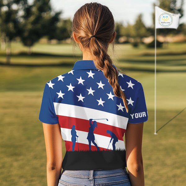 American Flag golf polo shirts for Women Custom Red, White and Blue Patriotic ladies golf attire NQS10230