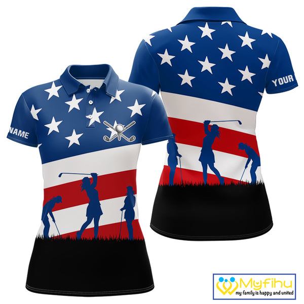 American Flag golf polo shirts for Women Custom Red, White and Blue Patriotic ladies golf attire NQS10230