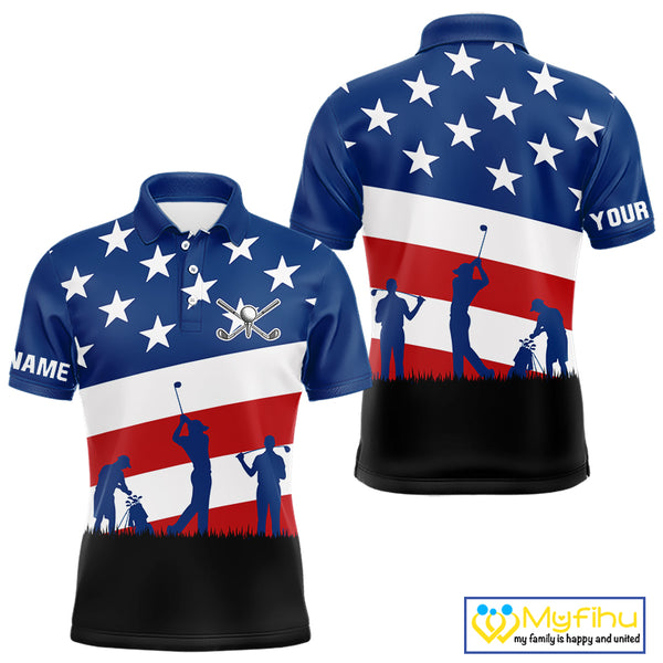 American Flag golf polo shirts for men Custom Red, White and Blue Patriotic mens golf attire NQS10230