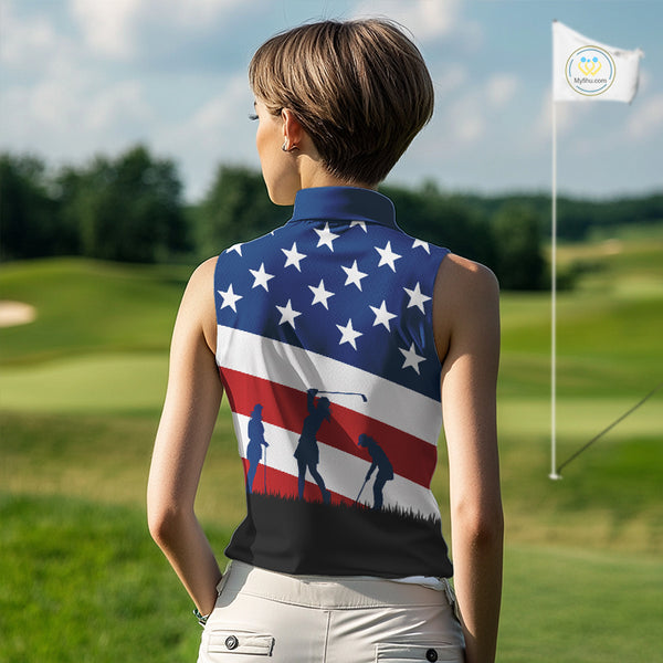 American Flag sleeveless golf polo shirt Custom Red, White and Blue Patriotic ladies golf attire NQS10230