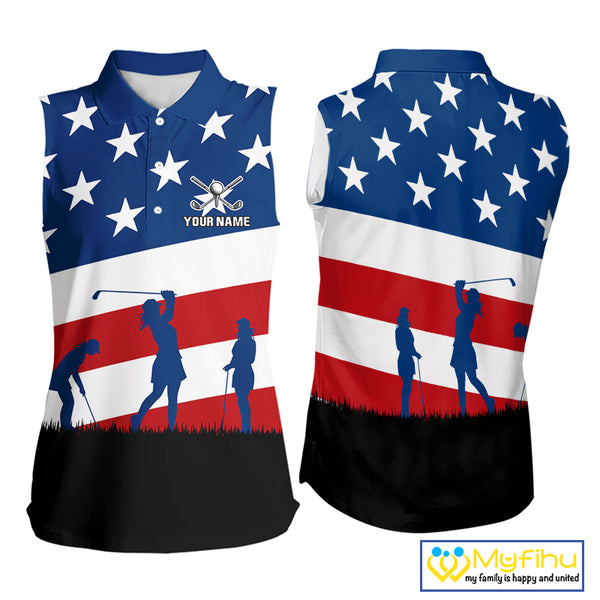 American Flag sleeveless golf polo shirt Custom Red, White and Blue Patriotic ladies golf attire NQS10230