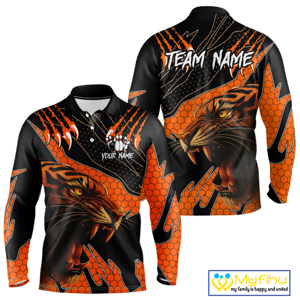 Personalized Tiger Bowling Team Men Polo, Quarter Zip Shirts, Black And Orange Tiger Bowling Jerseys NQS10398