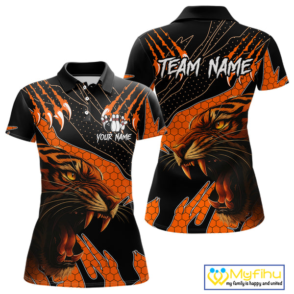 Personalized Tiger Bowling Team Women Polo, Quarter Zip Shirt, Black And Orange Tiger Bowling Jerseys NQS10398