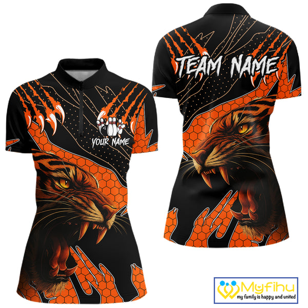 Personalized Tiger Bowling Team Women Polo, Quarter Zip Shirt, Black And Orange Tiger Bowling Jerseys NQS10398