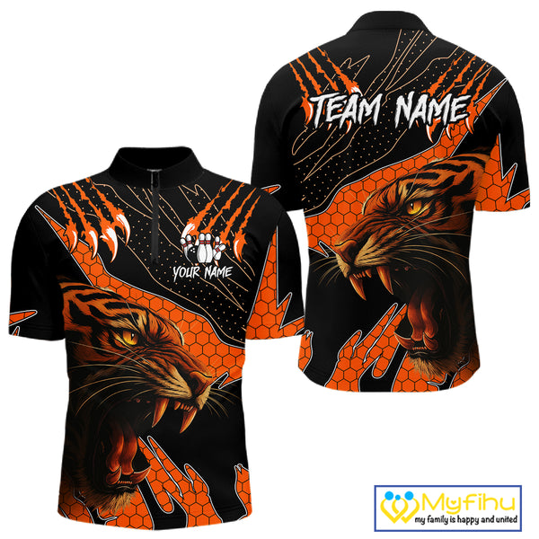 Personalized Tiger Bowling Team Men Polo, Quarter Zip Shirts, Black And Orange Tiger Bowling Jerseys NQS10398