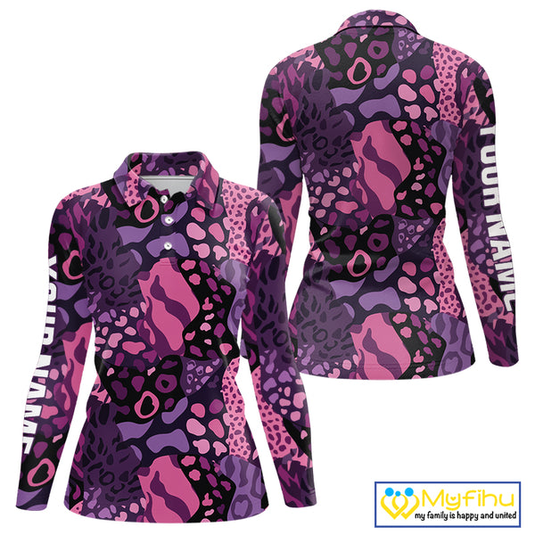 Pink and purple animal prints pattern Women Golf Polo Shirts Custom ladies golf tops, golfing gifts NQS10243