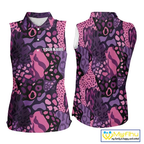 Pink and purple animal prints pattern Women Sleeveless Polo Shirt Custom ladies golf tops, golf gifts NQS10243