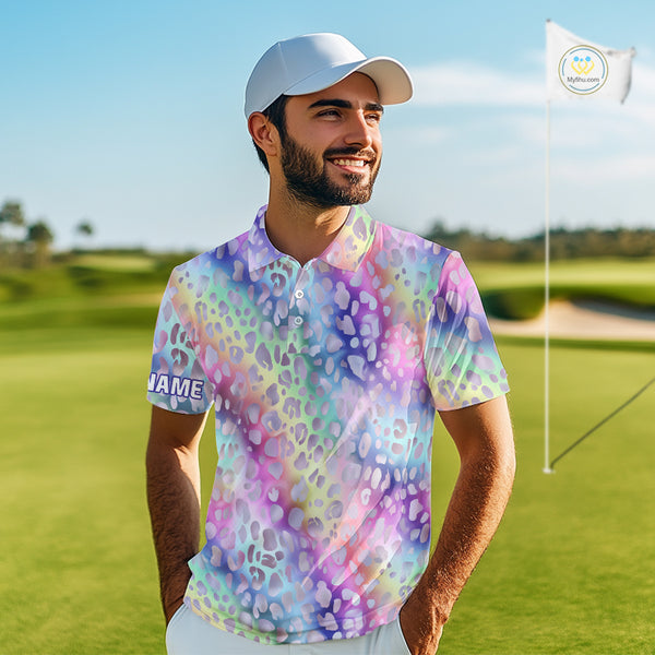 Colorful Neon Rainbow leopard pattern Mens Golf Polo Shirts Custom men's golf outfits, cool golf gift NQS10244