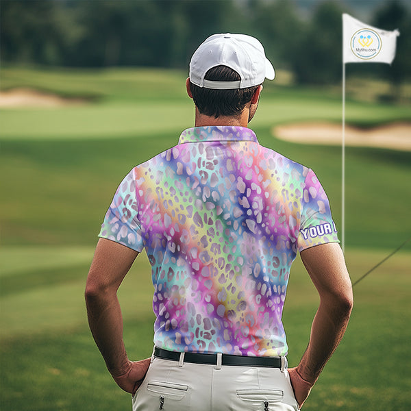 Colorful Neon Rainbow leopard pattern Mens Golf Polo Shirts Custom men's golf outfits, cool golf gift NQS10244