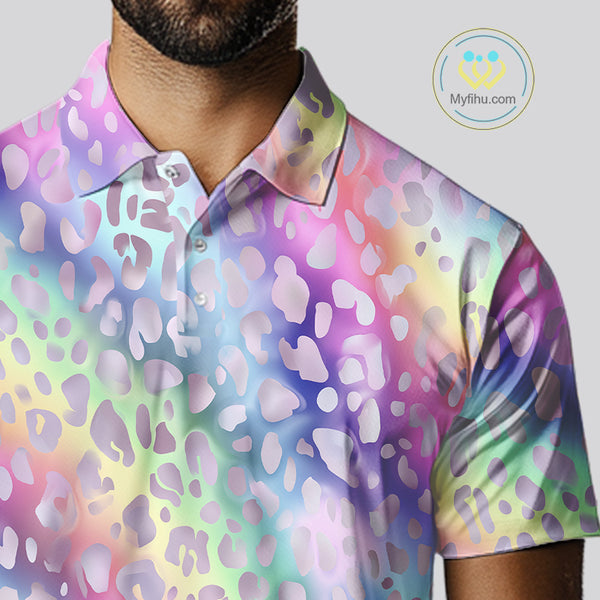 Colorful Neon Rainbow leopard pattern Mens Golf Polo Shirts Custom men's golf outfits, cool golf gift NQS10244